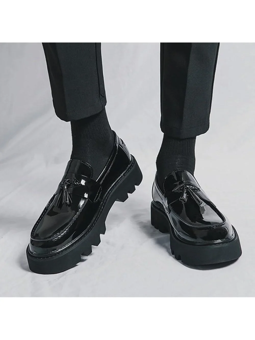 Men's Black Patent Leather Loafers Chunky Heel Tassel Slip On Dress Shoes